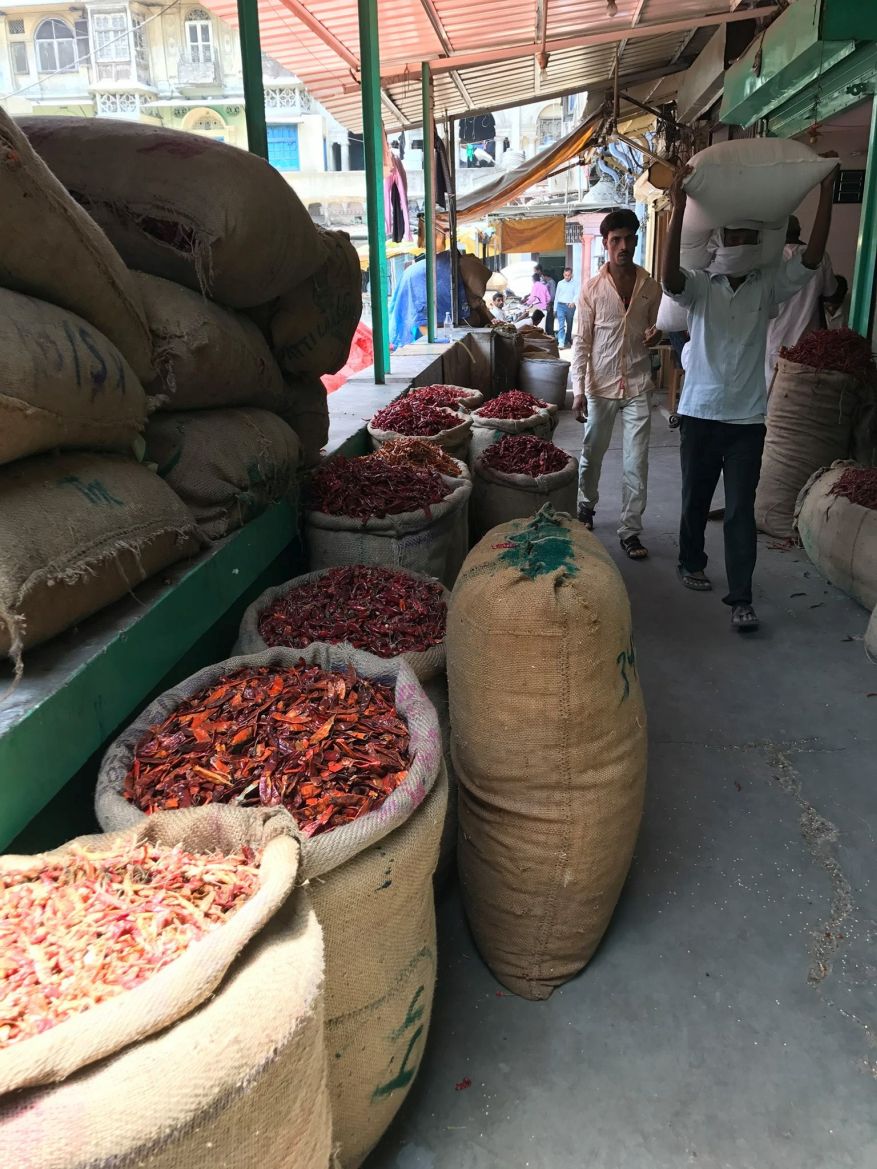 Visiting the red chilis section of spice market